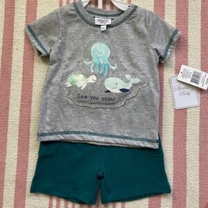 NWT Sterling Baby 2 Piece Boys Shirt and Short Set‎ Ocean Theme 12 Months 12M